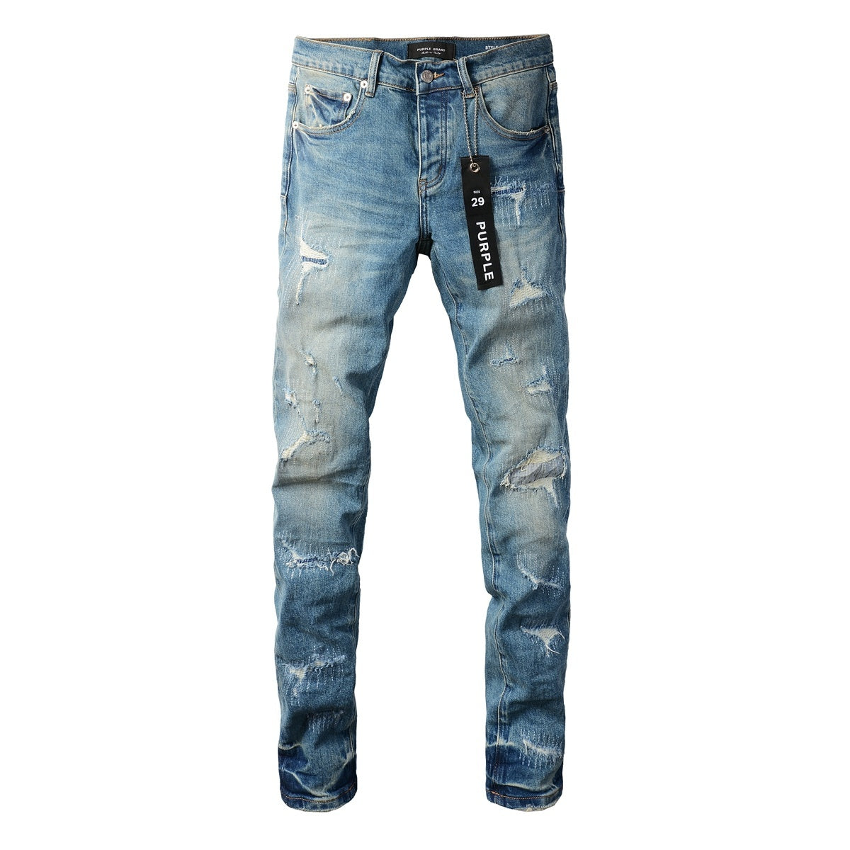 Men's Slim Fit Distressed Sea Blue Skinny Jeans with Button Fly & Ripped Detailing