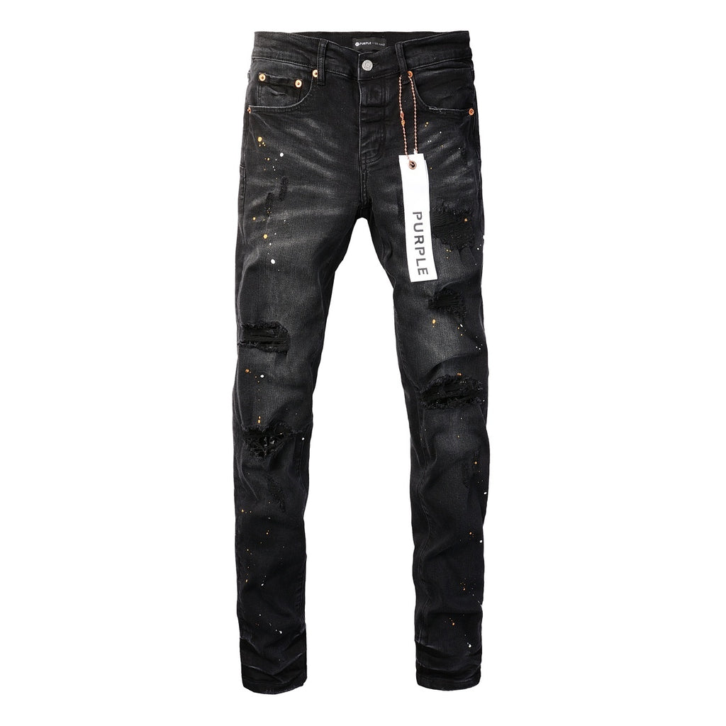 Men's Streetwear Slim Fit Distressed Black Damaged Holes Stretch Ripped Jeans