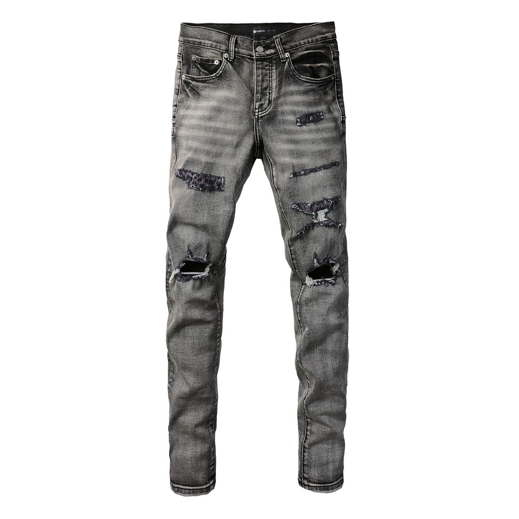 Men's High Street Distressed Ash Gray Skinny Jeans with Ripped Holes & Button Fly