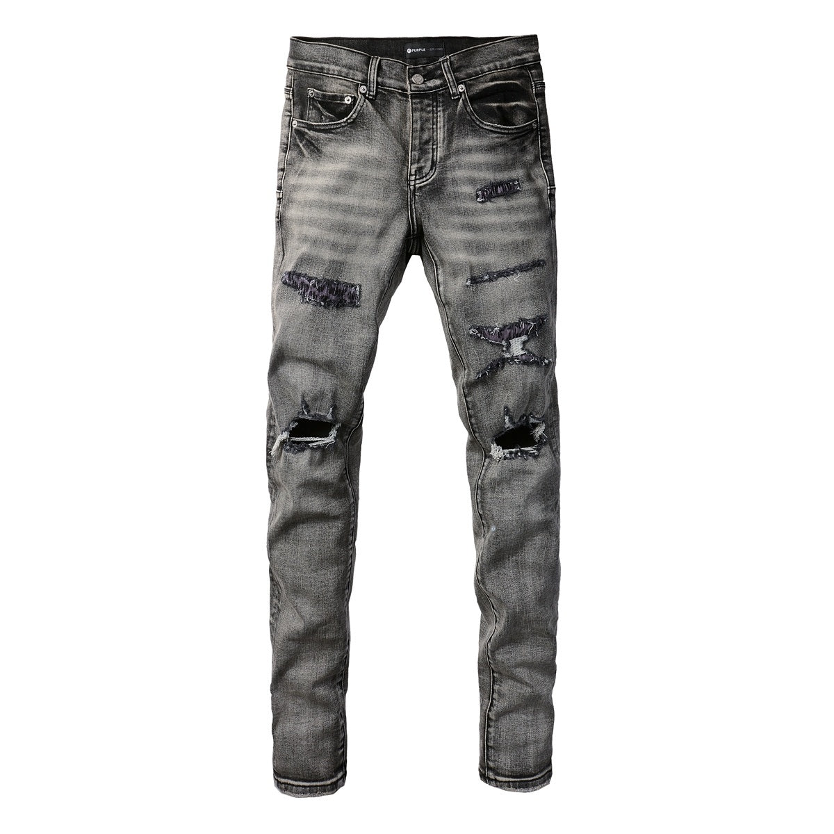 Men's High Street Distressed Ash Gray Skinny Jeans with Ripped Holes & Button Fly