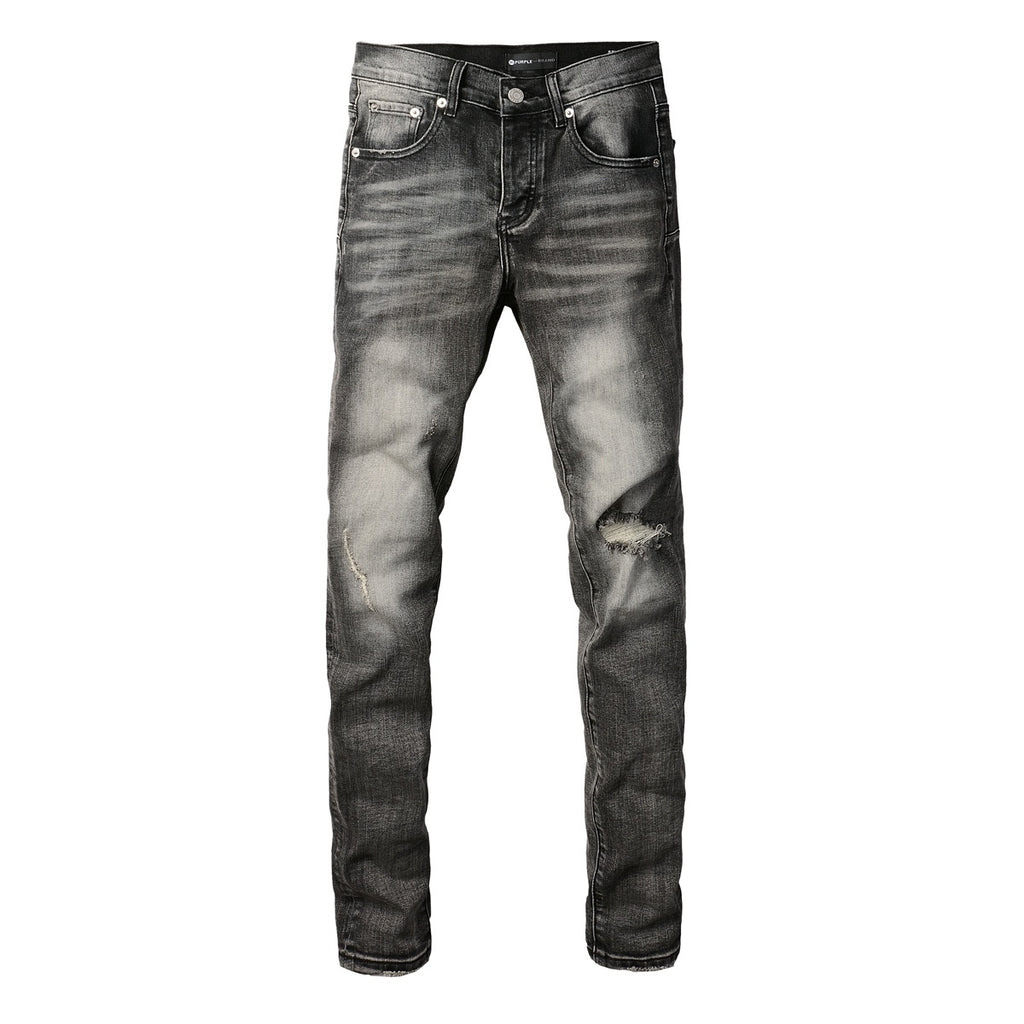 Men's Distressed Ash Gray Skinny Jeans with Ripped Holes & Button Fly