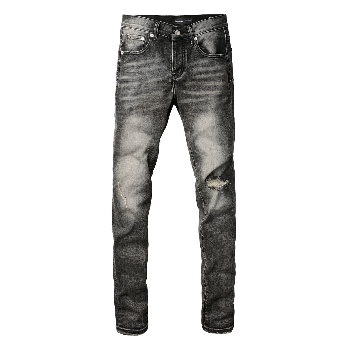 Men's Distressed Ash Gray Skinny Jeans with Ripped Holes & Button Fly