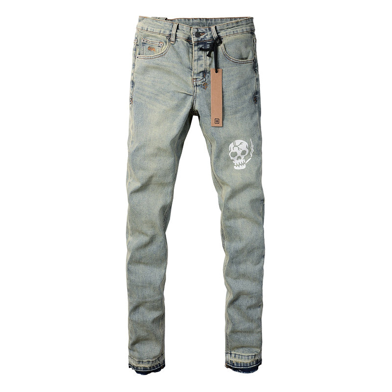 Men’s Vintage Light Wash Skull Print Skinny Jeans - Streetwear Denim Pants