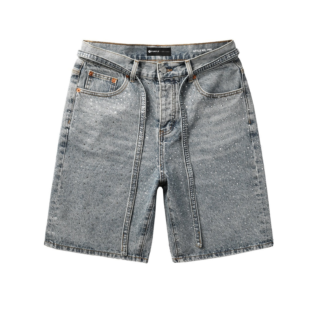 Men's Distressed Vintage Blue Denim Shorts with Rhinestones & Ripped Detailing