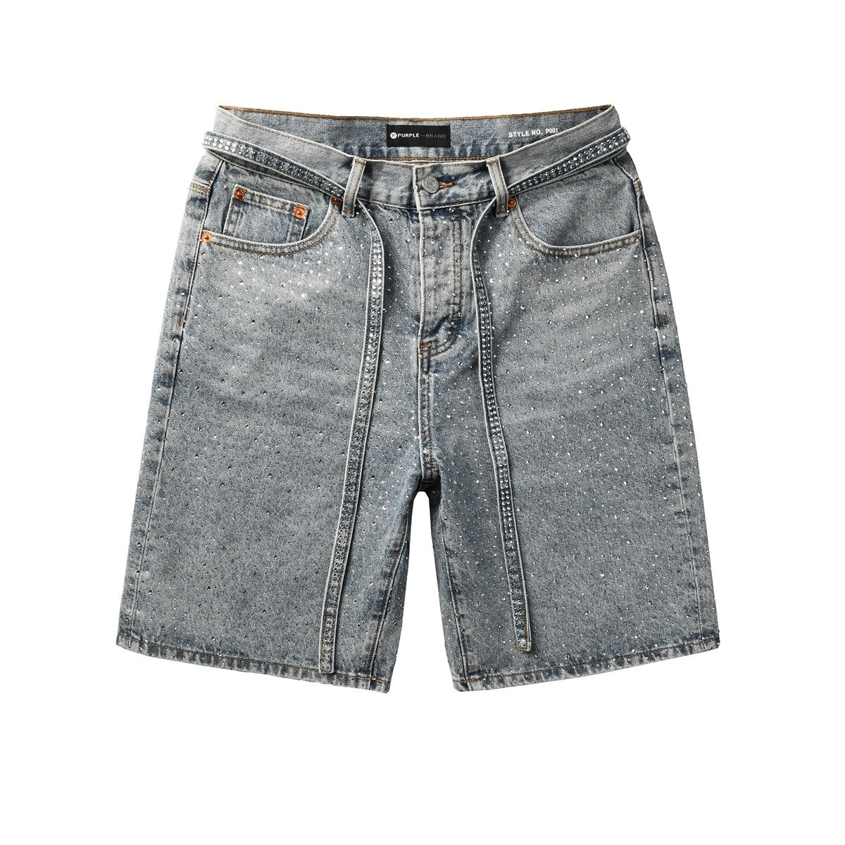 Men's Distressed Vintage Blue Denim Shorts with Rhinestones & Ripped Detailing