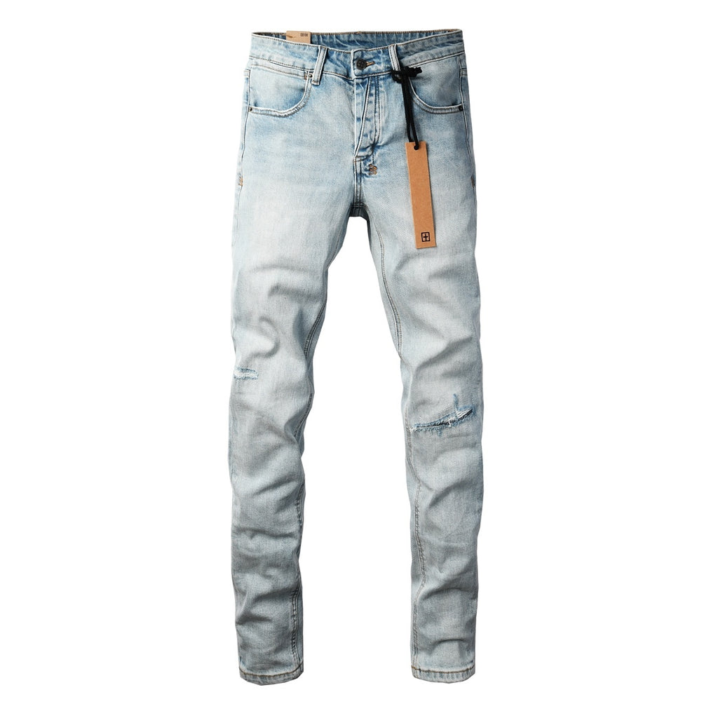 Men's Light Wash Distressed Skinny Jeans - Slim Streetwear Denim