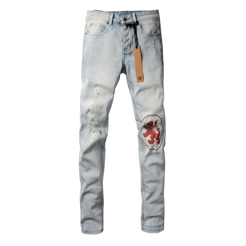 Men's Light Wash Lion Crest Patch Distressed Skinny Jeans - Stretch Denim