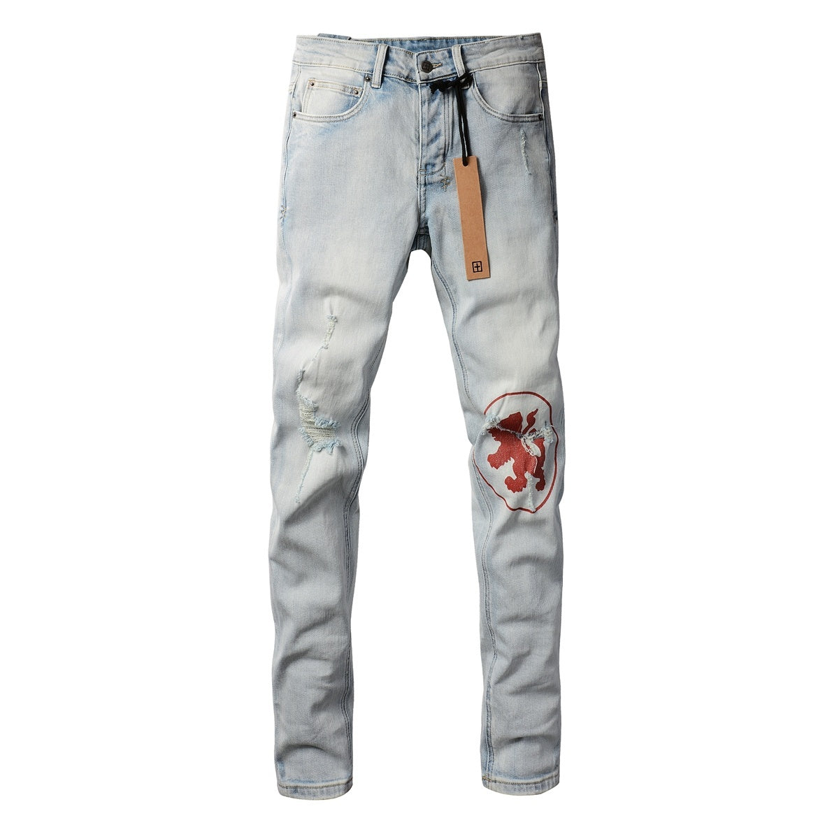Men's Light Wash Lion Crest Patch Distressed Skinny Jeans - Stretch Denim