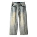 Men's Washed Distressed Blue Baggy Jeans with Rhinestones & Loose Fit