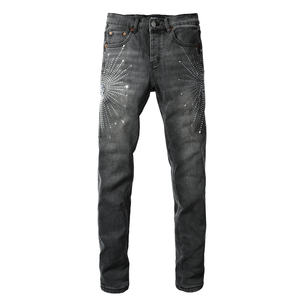 Men's Distressed Skinny Jeans with Ripped Holes, Rhinestones & Button Fly