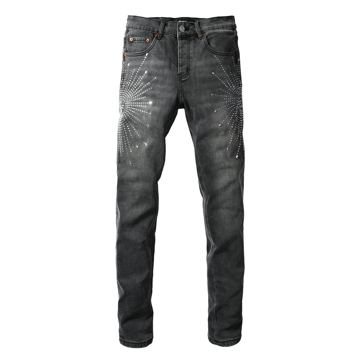 Men's Distressed Skinny Jeans with Ripped Holes, Rhinestones & Button Fly