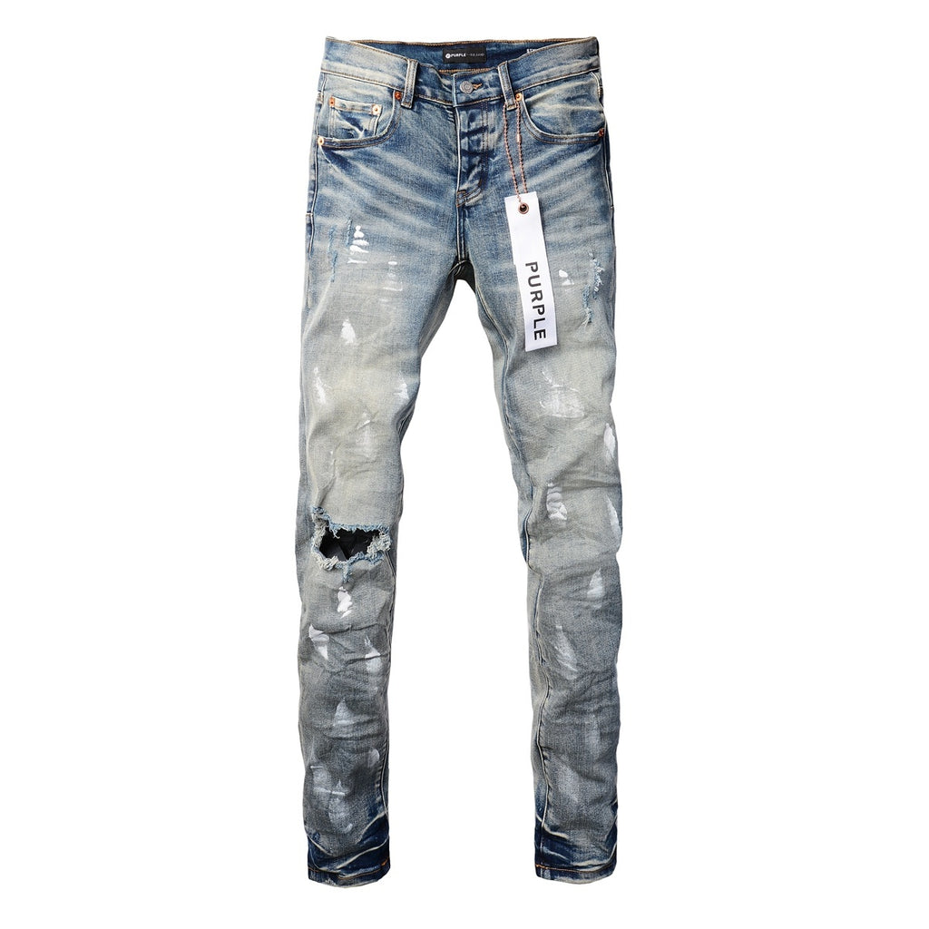 Men's Streetwear Slim Fit Distressed Blue Damaged Holes Graffiti Stretch Ripped Jeans