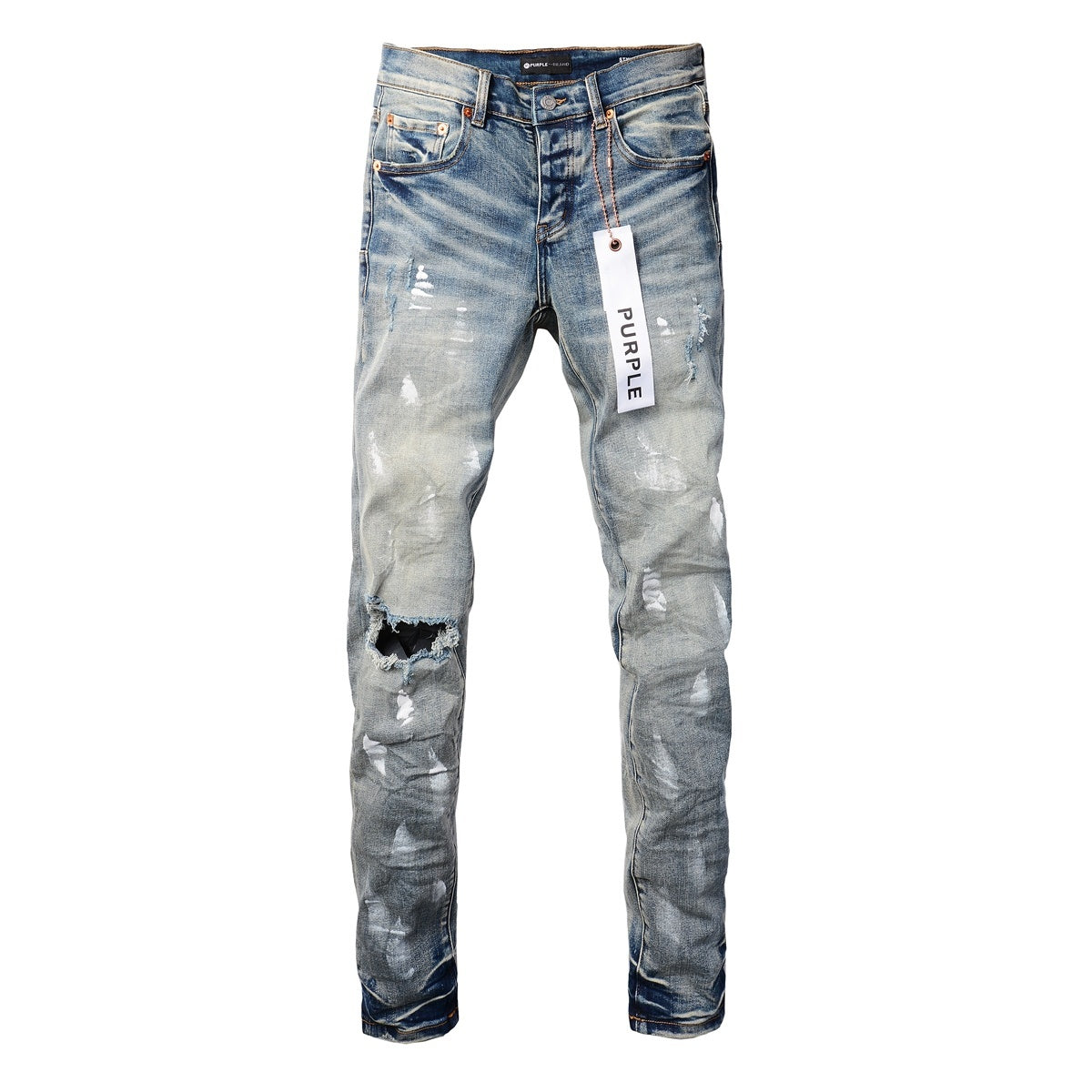 Men's Streetwear Slim Fit Distressed Blue Damaged Holes Graffiti Stretch Ripped Jeans