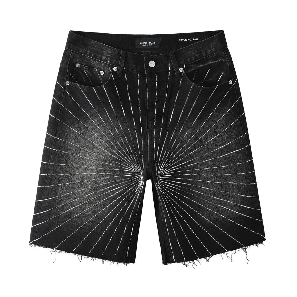 High-Quality Men's Distressed Black Denim Shorts with Rhinestones, Ripped Holes & Loose Fit