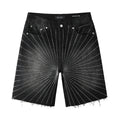 High-Quality Men's Distressed Black Denim Shorts with Rhinestones, Ripped Holes & Loose Fit