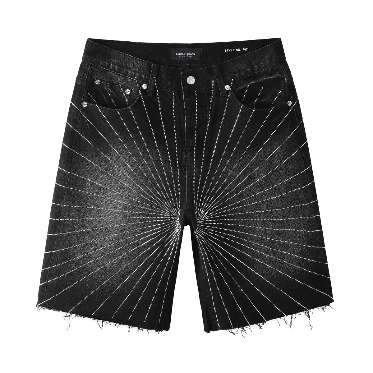 High-Quality Men's Distressed Black Denim Shorts with Rhinestones, Ripped Holes & Loose Fit