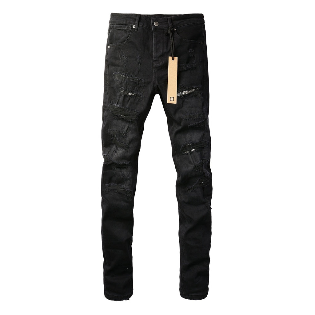 Men's Black Heavy Distressed Bandana Patch Skinny Jeans - Stretch Denim