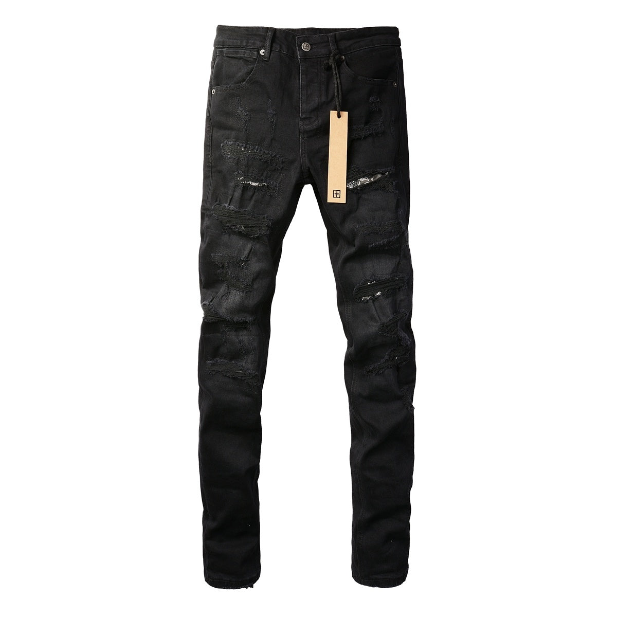 Men's Black Heavy Distressed Bandana Patch Skinny Jeans - Stretch Denim
