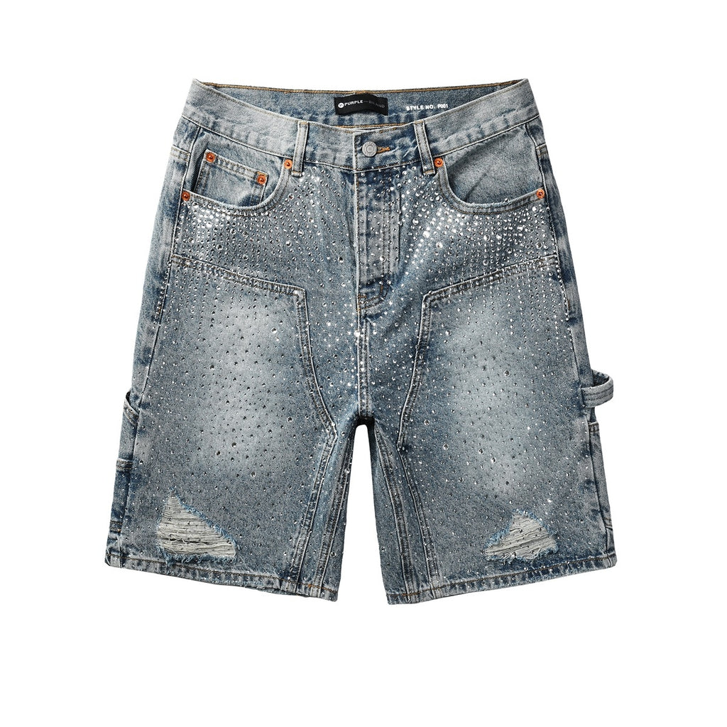 Men's Distressed Vintage Blue Denim Shorts with Rhinestones & Ripped Detailing
