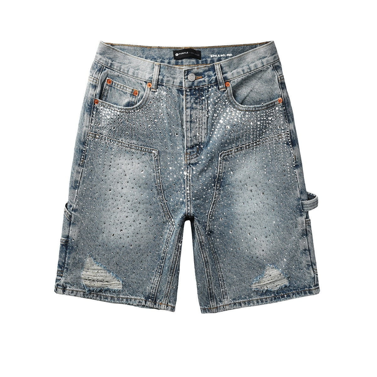 Men's Distressed Vintage Blue Denim Shorts with Rhinestones & Ripped Detailing