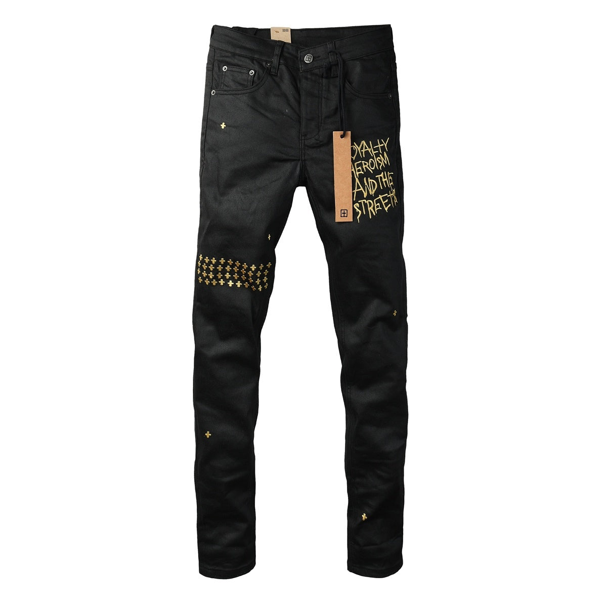 Men’s Black Waxed Skinny Jeans - Gold Studded Streetwear Denim