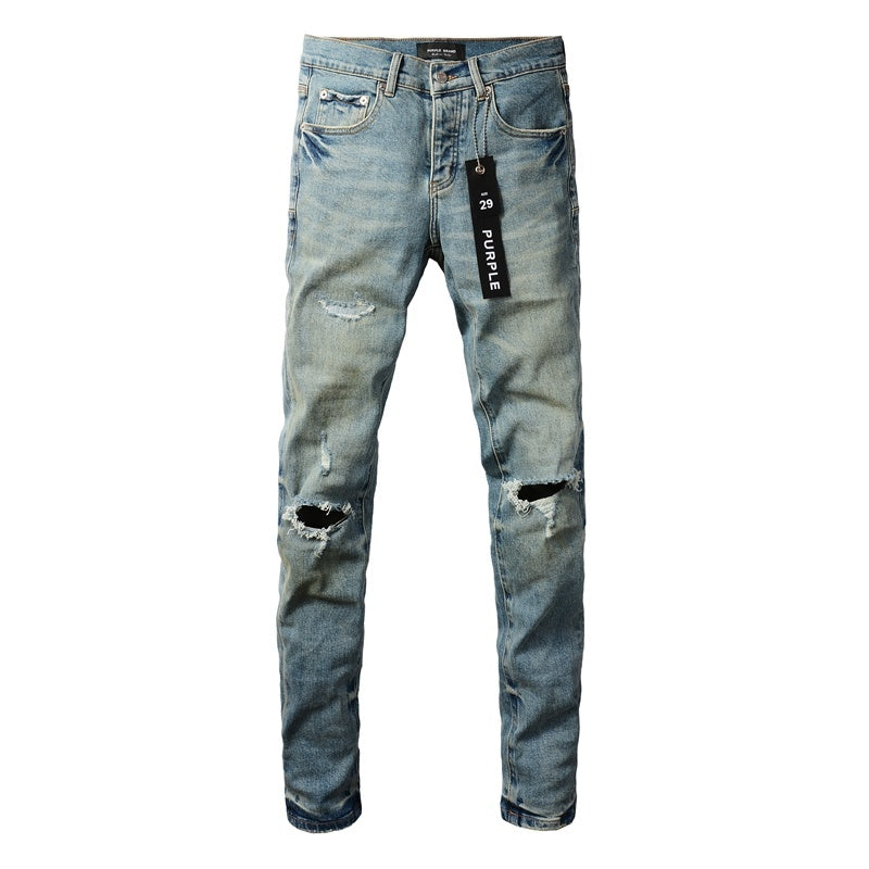 Slim Fit American Men's Distressed Blue Skinny Jeans with Ripped Holes & Button Fly