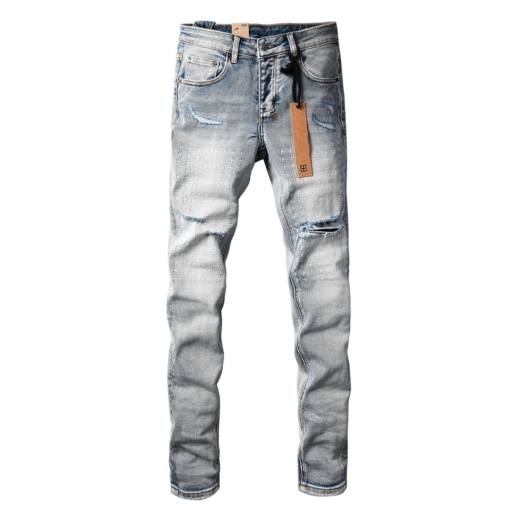 Men’s Light Wash Skinny Jeans - Cross Embroidered Distressed Denim