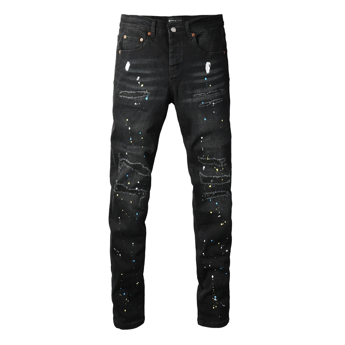 Men's Distressed Dark Black Skinny Jeans with Graffiti & Spray Paint Design & Ripped Holes