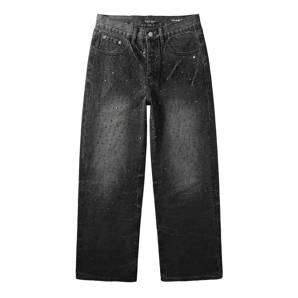 Men's High Street Fashion Black Distressed Baggy Jeans with Rhinestone Detailing & Loose Fit