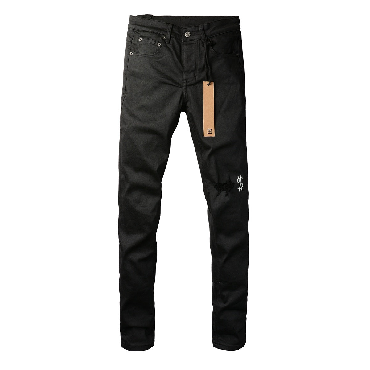Men's Black Coated Embroidered Distressed Skinny Jeans - Stretch Denim