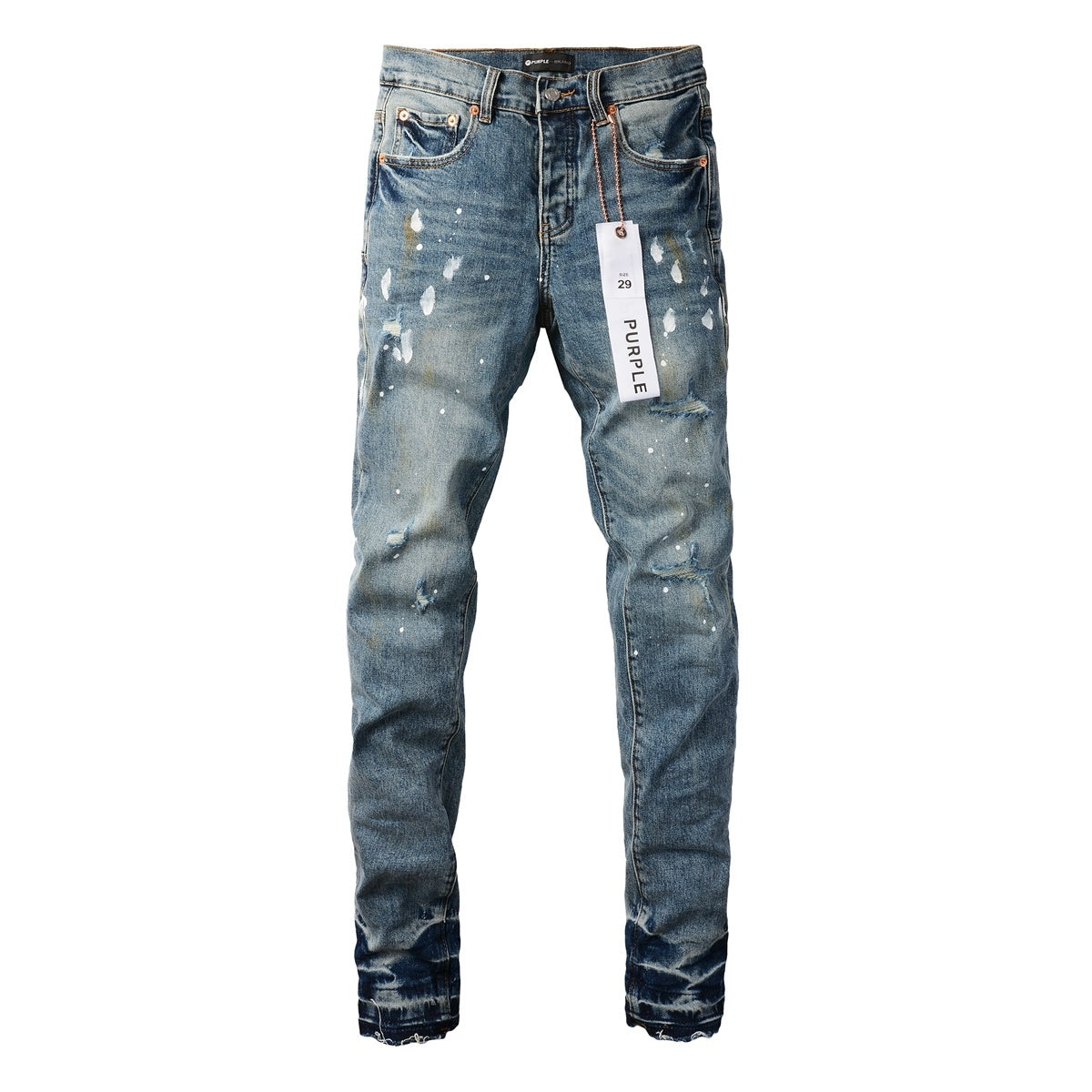 Men's Slim Fit Distressed Blue Graffiti Skinny Jeans with Ripped Holes & Button Fly