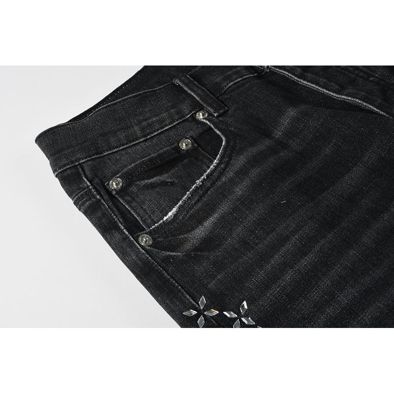 Men's Black Washed Bandana Rhinestone Skinny Jeans | Streetwear Slim Fit Embellished Denim Pants