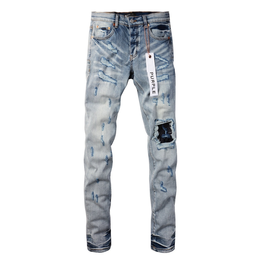 Men's Slim Fit Streetwear Distressed Light Blue Destroyed Holes Patchwork Stretch Ripped Jeans