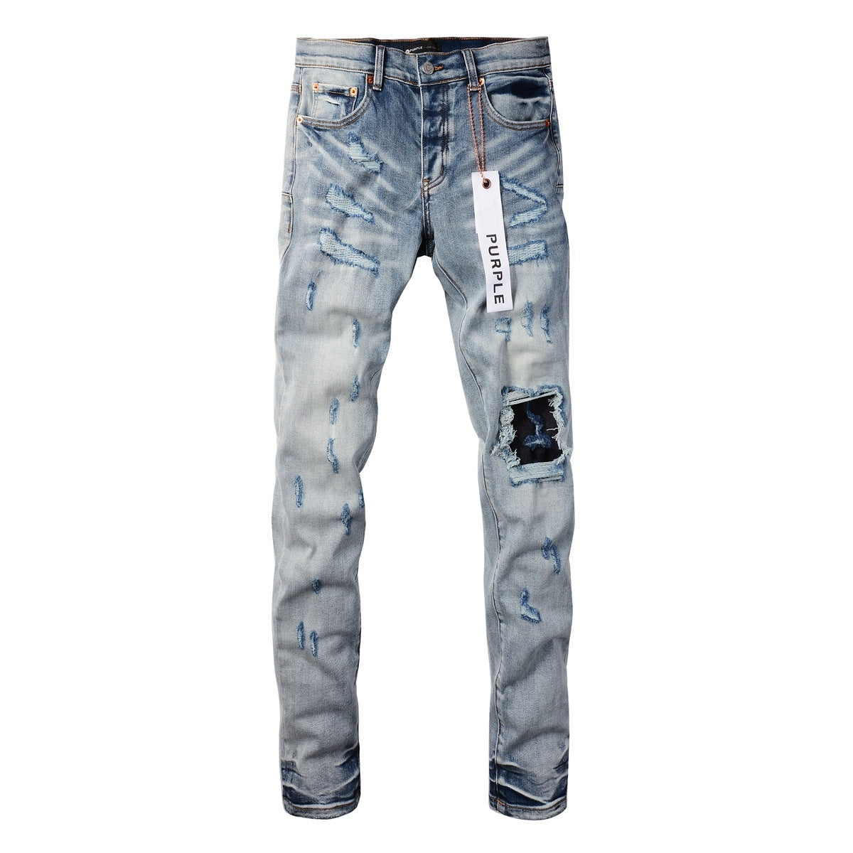 Men's Slim Fit Streetwear Distressed Light Blue Destroyed Holes Patchwork Stretch Ripped Jeans