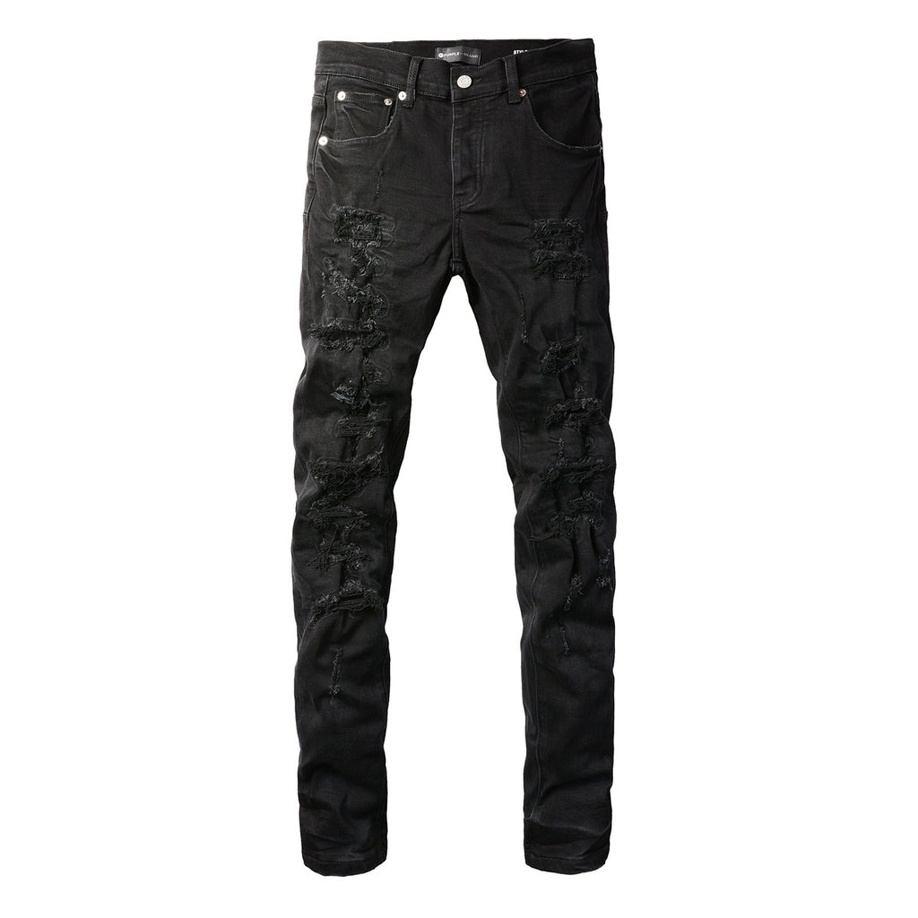 Men's Distressed Black Skinny Jeans with Ripped Holes & Button Fly