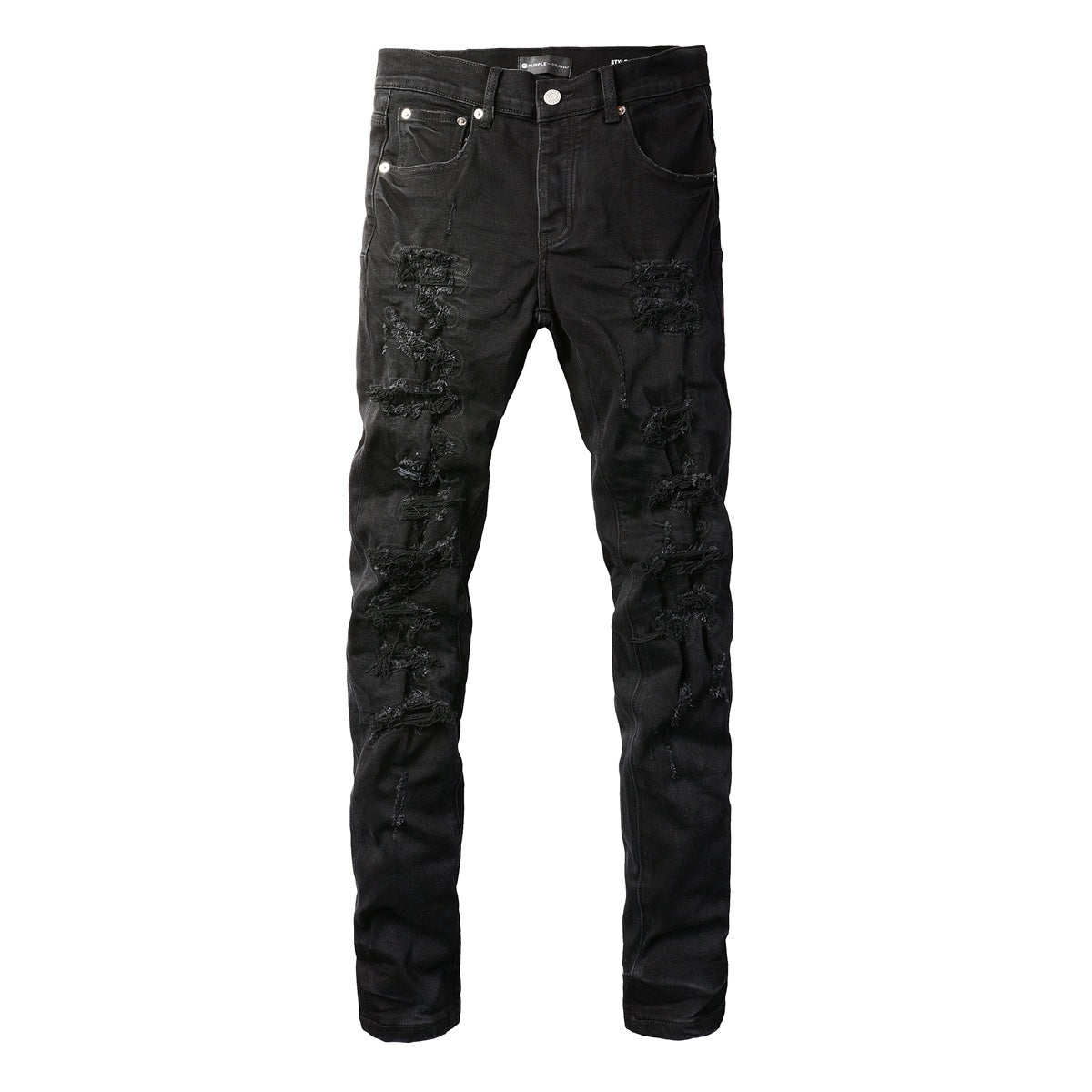 Men's Distressed Black Skinny Jeans with Ripped Holes & Button Fly