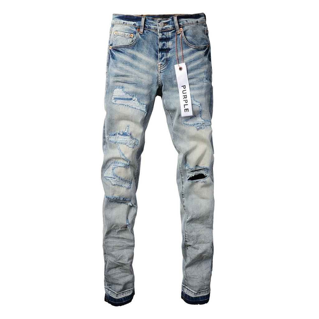 Men's Streetwear Slim Fit Distressed Light Blue Stretch Skinny Damaged Holes Raw Hems Ripped Jeans