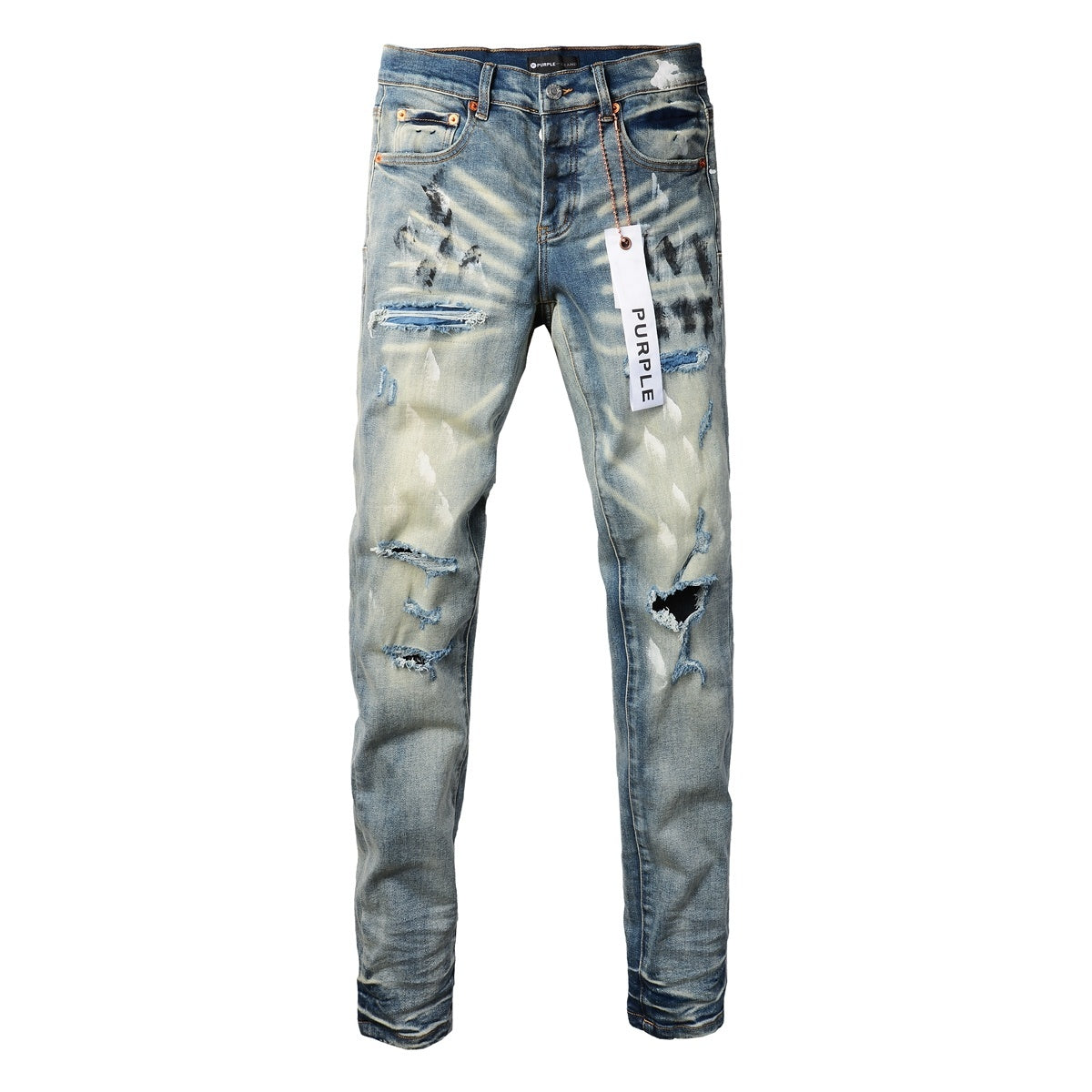 Men High Street Distressed Light Blue Destroyed Holes Graffiti Painted Stretch Slim Fit Ripped Jeans