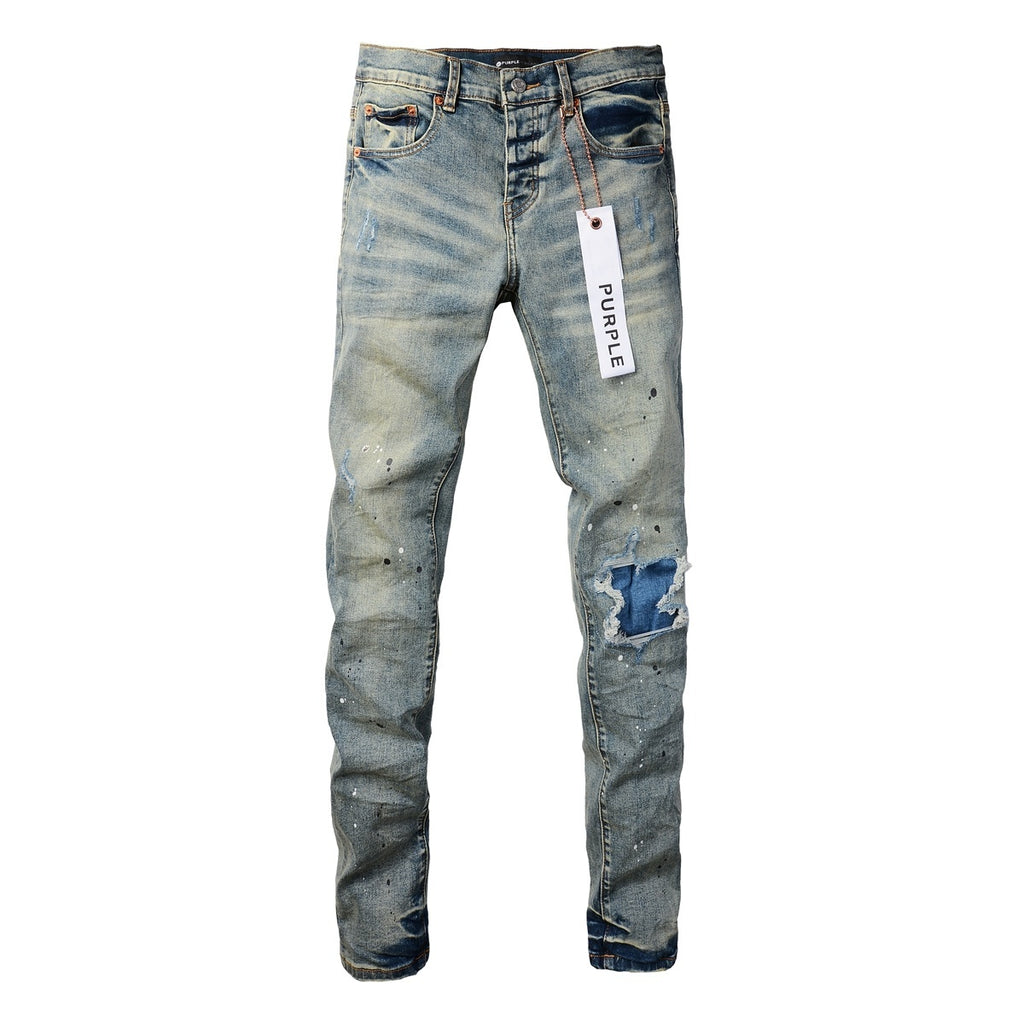 Men's Slim Fit Distressed Light Blue Damaged Holes Blue Patchwork Stretch Ripped Jeans Pants