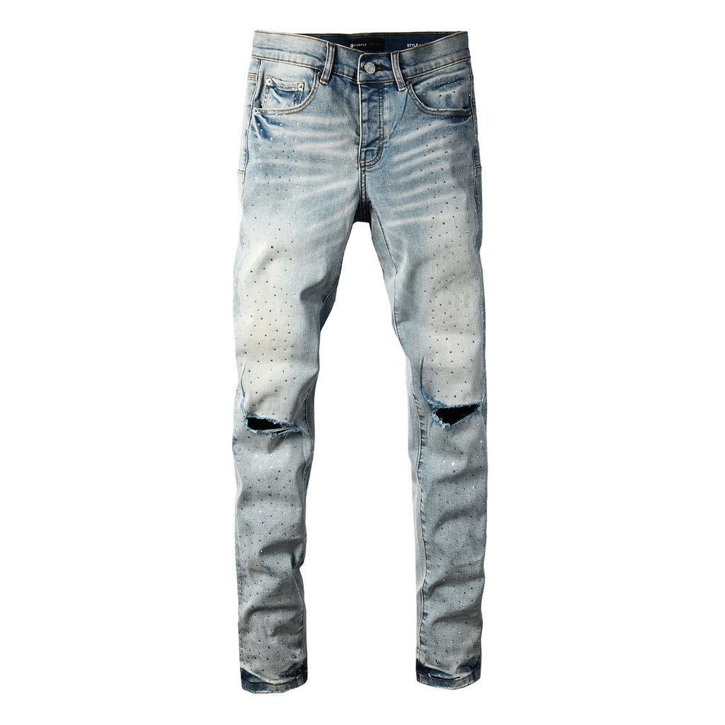 Men's Distressed Light Indigo Skinny Jeans with Transparent Rhinestones & Ripped Holes
