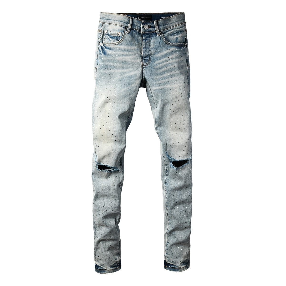 Men's Distressed Light Indigo Skinny Jeans with Transparent Rhinestones & Ripped Holes