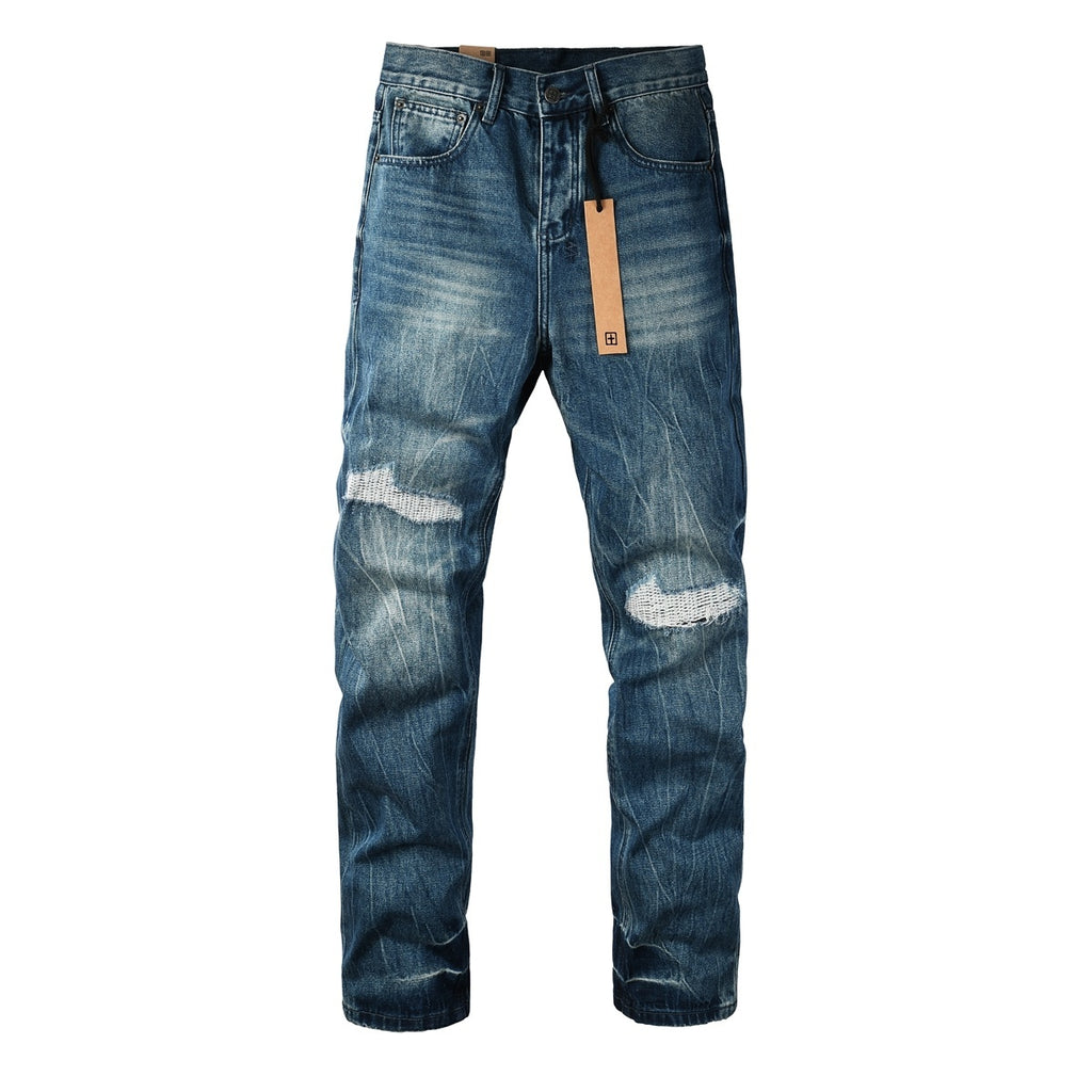 Men’s Vintage Blue Baggy Jeans - Distressed Knee Patch Denim
