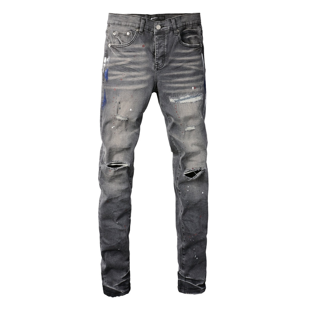 Men's Distressed Gray Graffiti Skinny Jeans with Ripped Holes & Button Fly