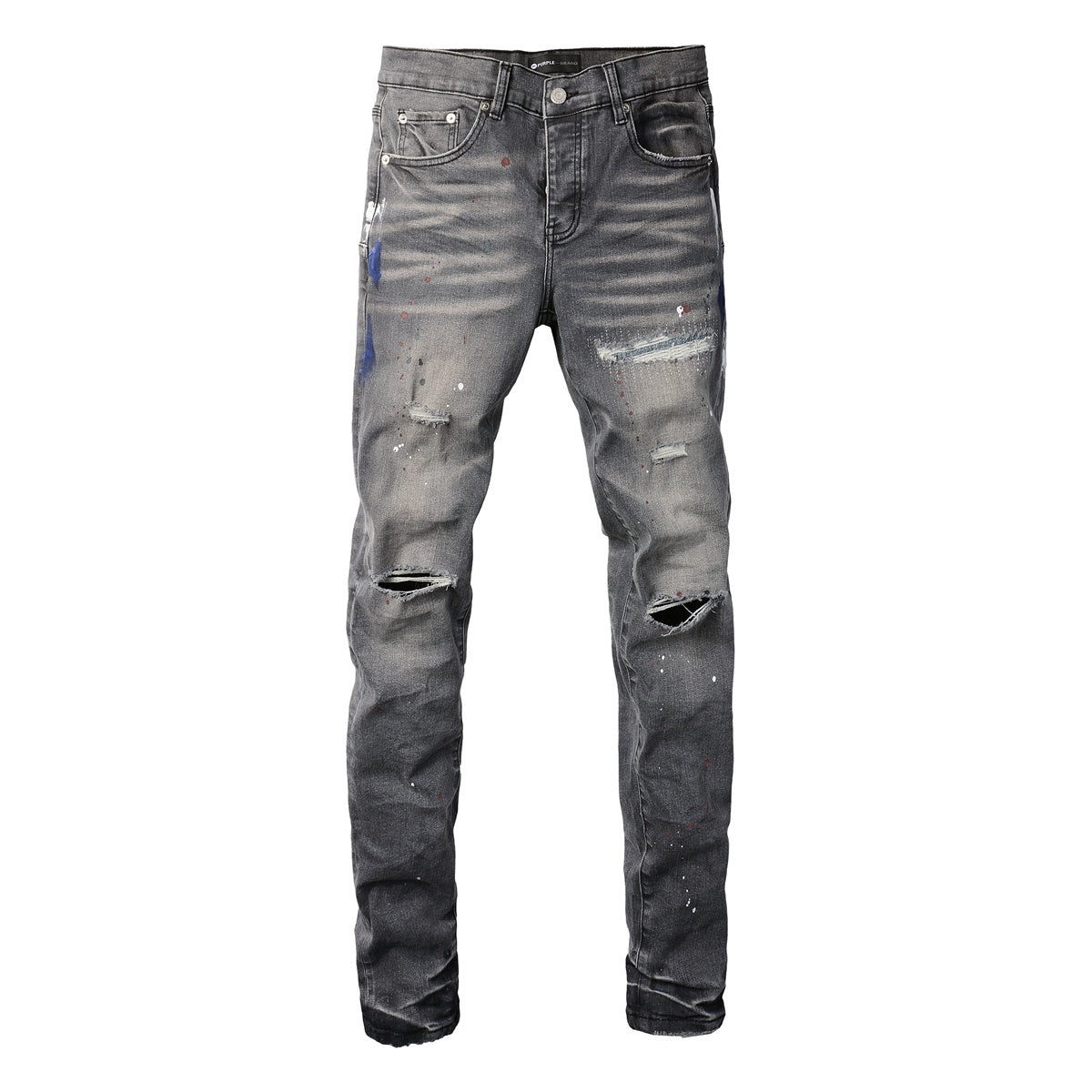 Men's Distressed Gray Graffiti Skinny Jeans with Ripped Holes & Button Fly
