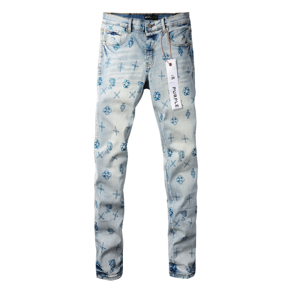 High Street Distressed Blue Laser Patterns Stretch Skinny Ripped Jeans