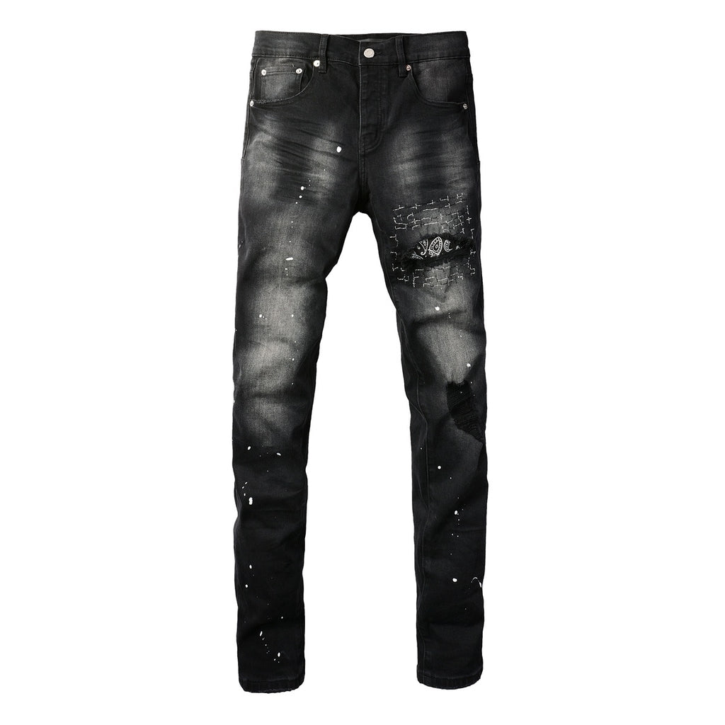 Men's Distressed Black Skinny Jeans with Bandanna Patchwork, Ripped Holes & Button Fly