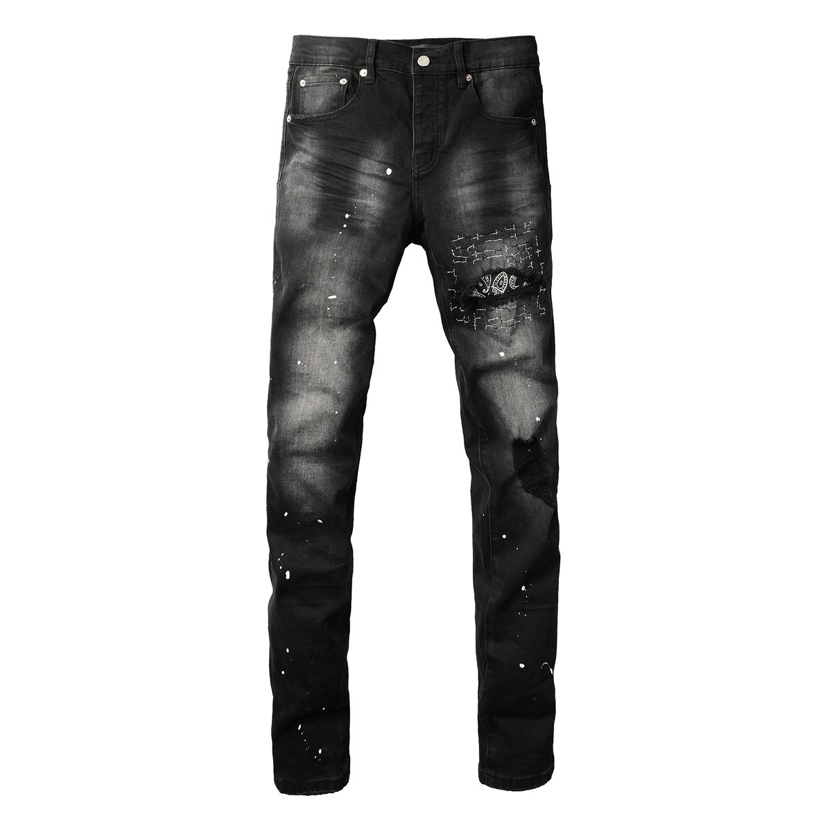 Men's Distressed Black Skinny Jeans with Bandanna Patchwork, Ripped Holes & Button Fly
