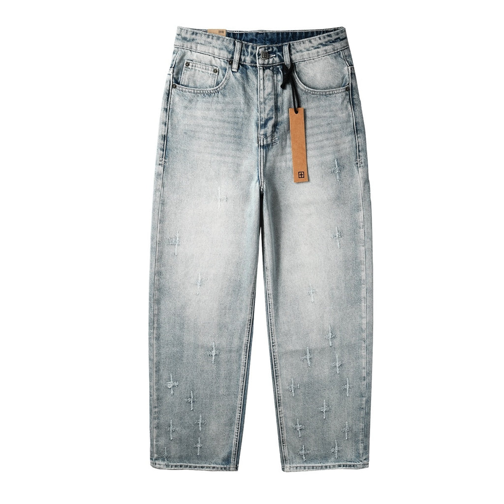 Men’s Light Wash Baggy Jeans - Cross Embroidered Loose Denim