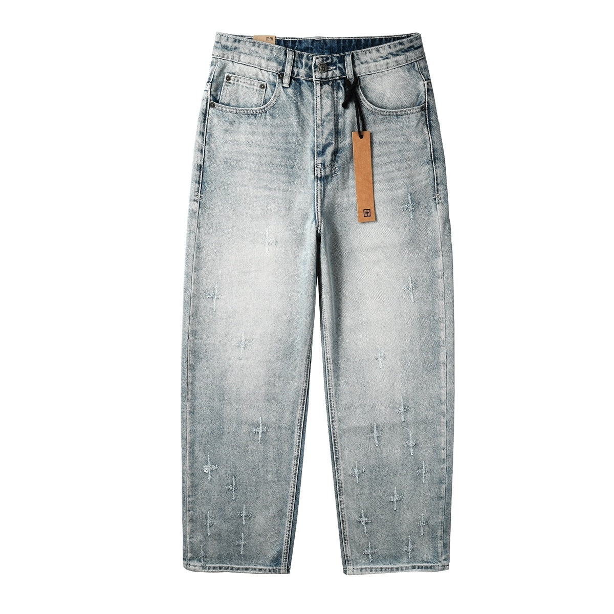 Men’s Light Wash Baggy Jeans - Cross Embroidered Loose Denim