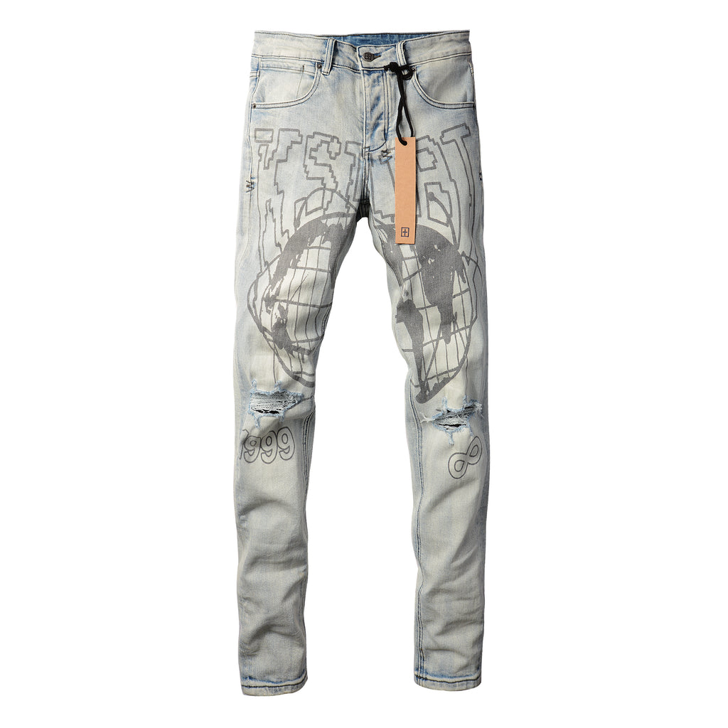 Men's Light Wash Graphic Print Distressed Skinny Jeans - Stretch Denim